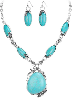 Flyonce Blue Turquoise Necklace for Women, Vintage Boho Western Style Chunky Turquoise Statement Bib Collar Necklaces with Earrings Fashion Jewelry