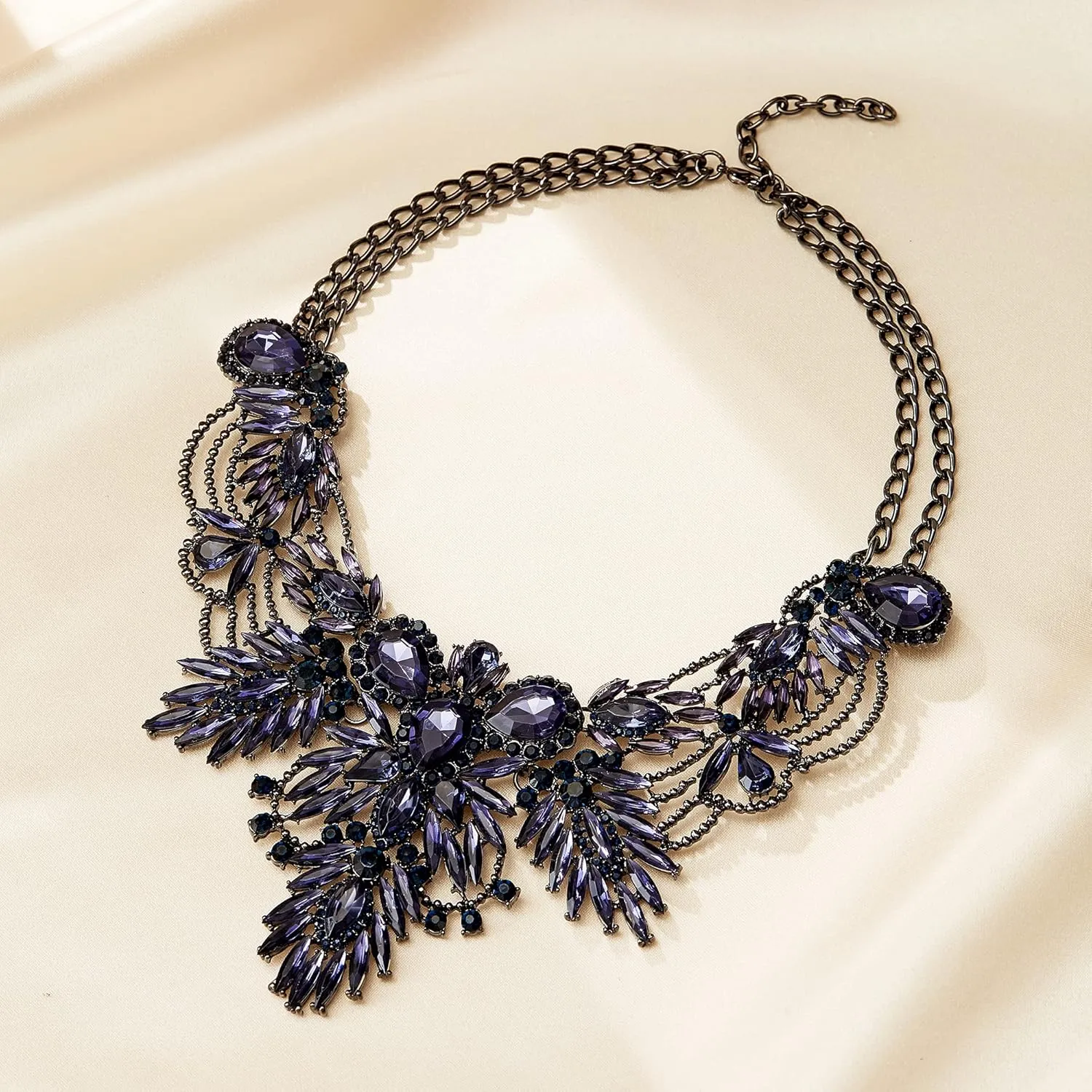 Flyonce Chunky Statement Collar Necklace for Women Rhinestone Crystal Vintage Floral Leaf Drop Costume Jewelry