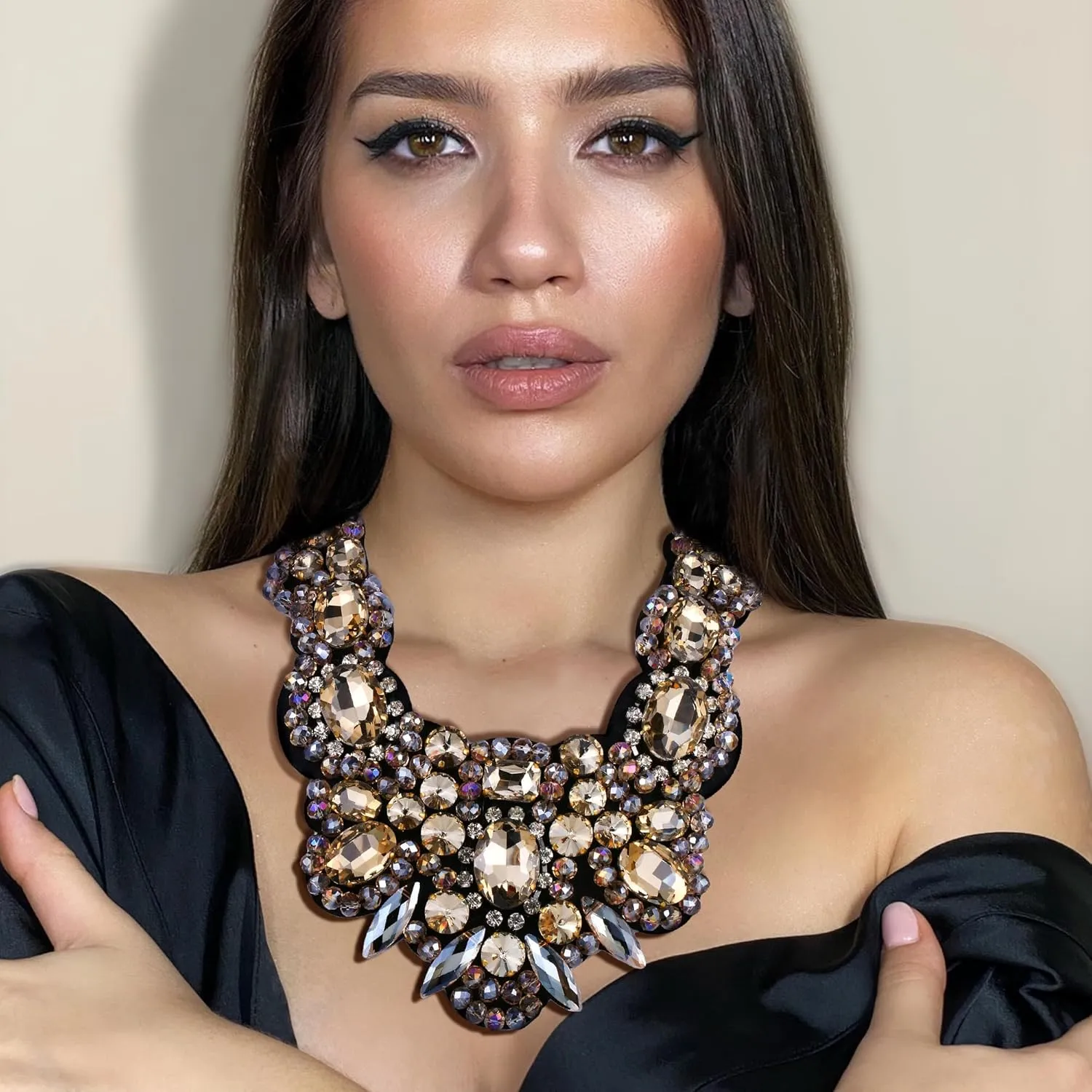 Flyonce Rhinestone Crystal Bib Chunky Collar Statement Necklace for Women Costume Jewelry