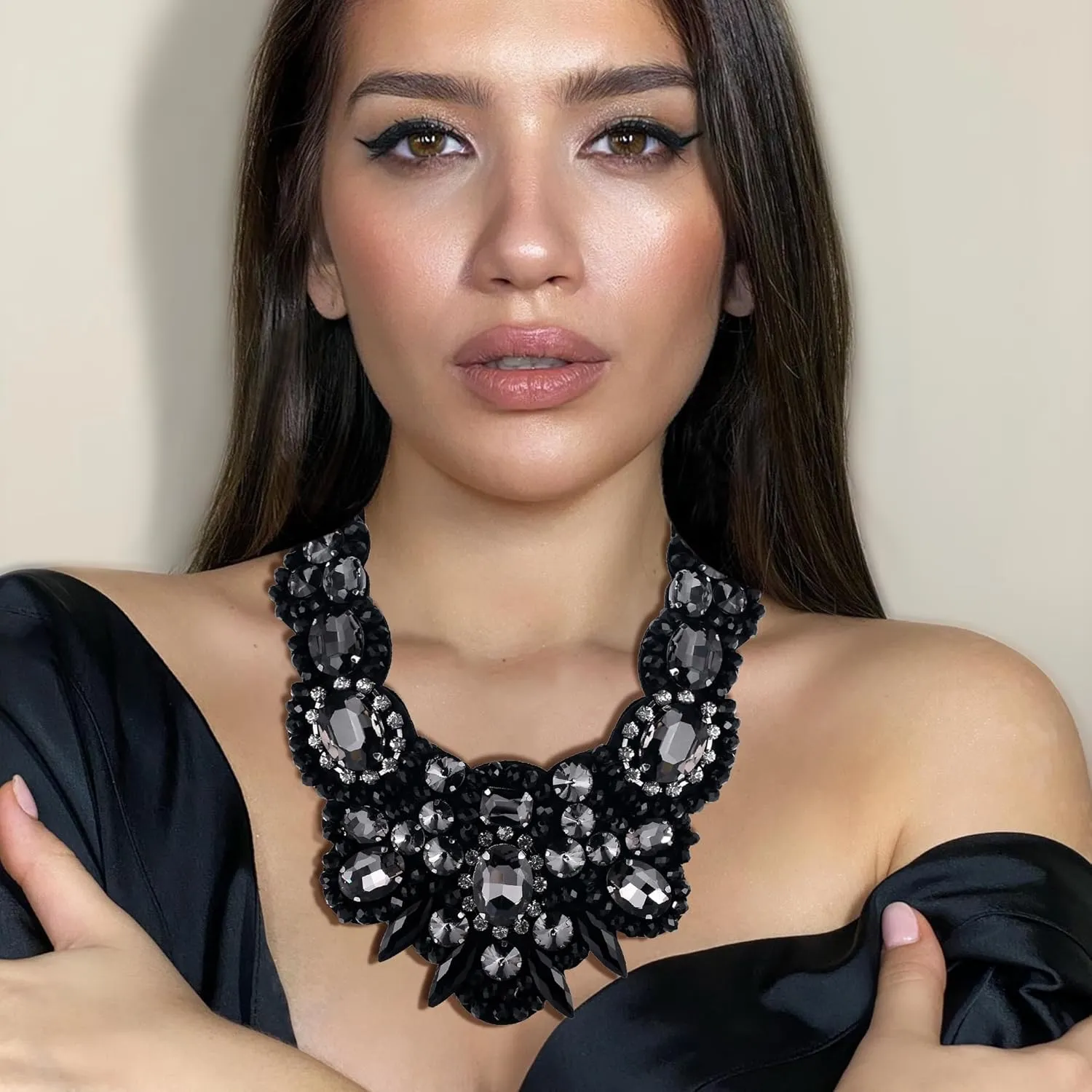 Flyonce Rhinestone Crystal Bib Chunky Collar Statement Necklace for Women Costume Jewelry