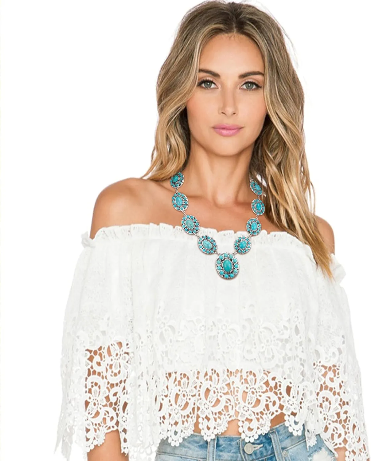Flyonce Turquoise Necklace for Women, Vintage Boho Western Style Blue Turquoise Statement Bib Necklaces Fashion Jewelry for Summer