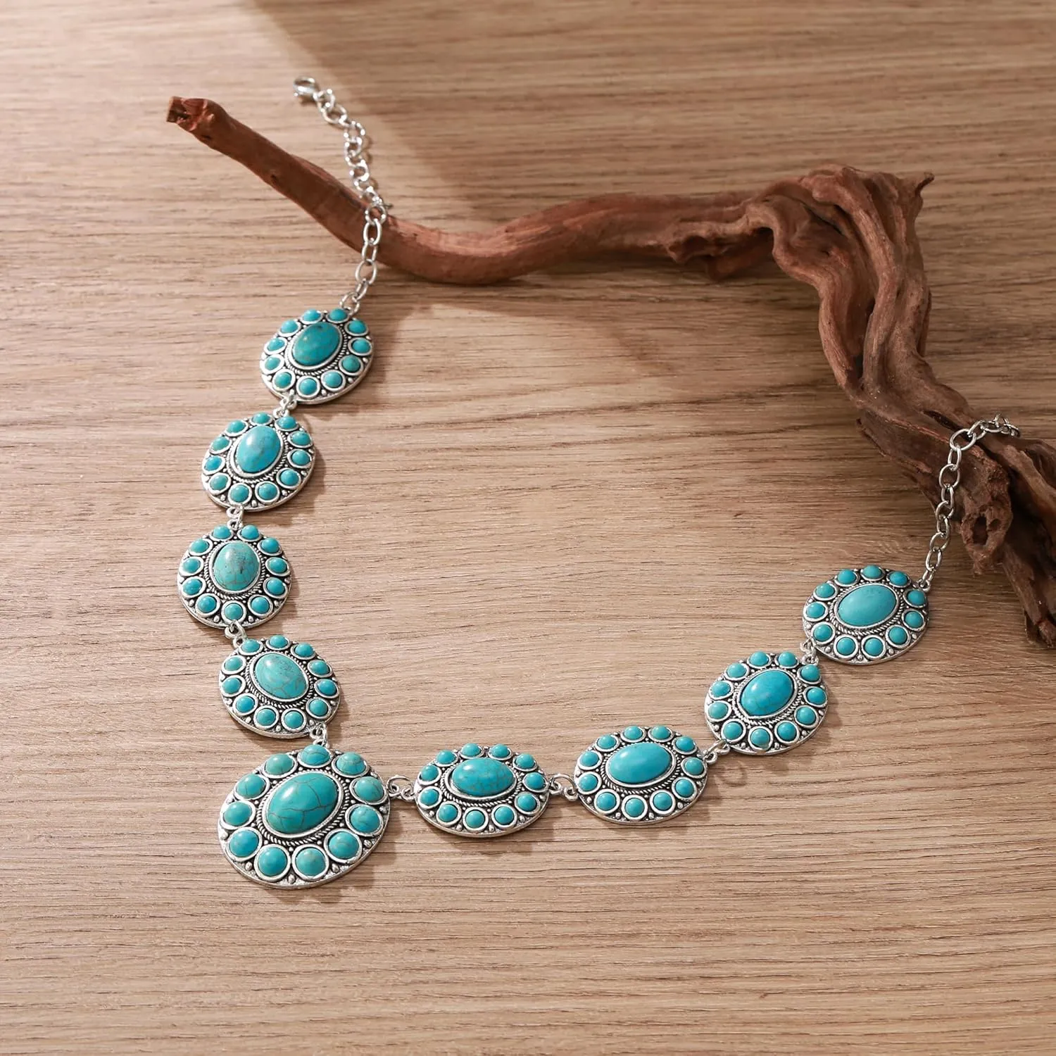 Flyonce Turquoise Necklace for Women, Vintage Boho Western Style Blue Turquoise Statement Bib Necklaces Fashion Jewelry for Summer