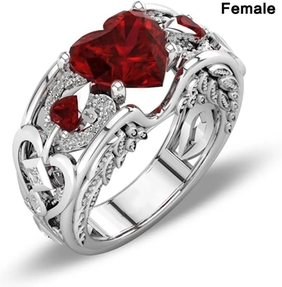 Forever Love Heart Shaped Ring Set for Her and Him Red Celtic Dragon Ring Matching Couple Rings for Wedding Bands Anniversary Engagement Promise Rings Bridal Sets