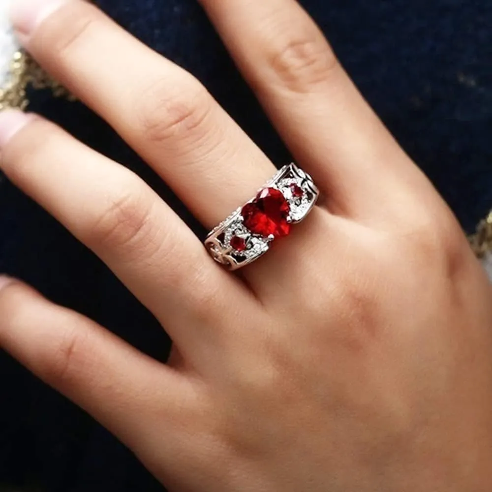 Forever Love Heart Shaped Ring Set for Her and Him Red Celtic Dragon Ring Matching Couple Rings for Wedding Bands Anniversary Engagement Promise Rings Bridal Sets