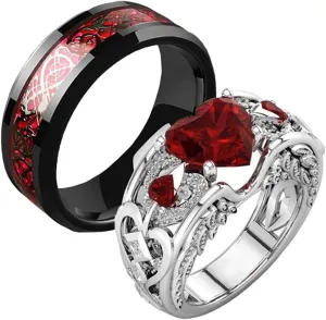 Forever Love Heart Shaped Ring Set for Her and Him Red Celtic Dragon Ring Matching Couple Rings for Wedding Bands Anniversary Engagement Promise Rings Bridal Sets