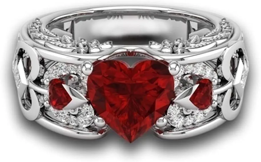 Forever Love Heart Shaped Ring Set for Her and Him Red Celtic Dragon Ring Matching Couple Rings for Wedding Bands Anniversary Engagement Promise Rings Bridal Sets