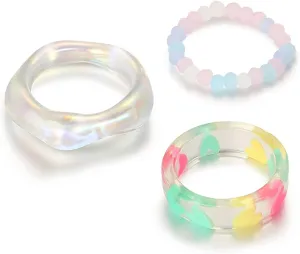 FORUBUS Dome Statement Acrylic Rings Set Translucent Imitation Green Jade Amber Marble Chunky Resin Rings Set for Women VSCO Chic Style Jewelry
