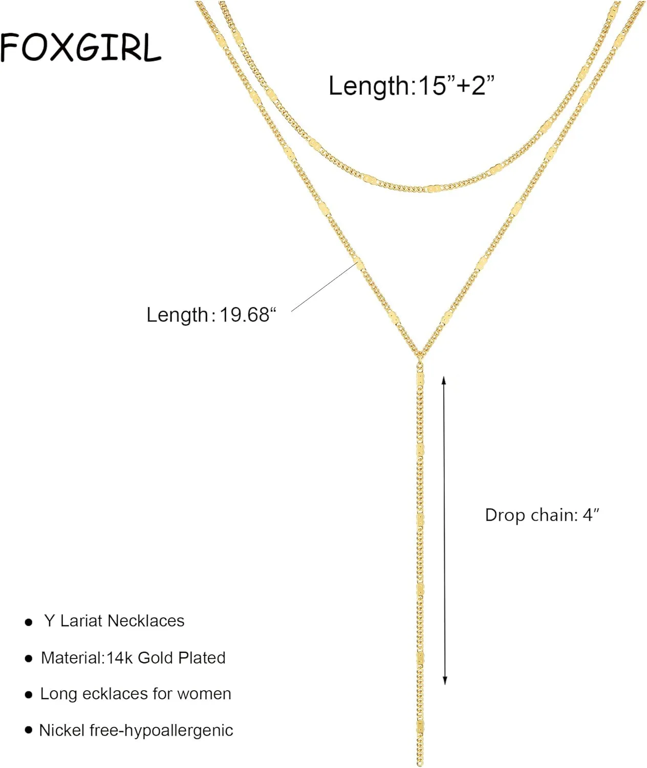 Foxgirl Lariat Gold Necklace for Women, Dainty Long Necklace 14k Gold Plated/Silver Y-Shaped Pendant Necklace Trendy Layered Cz Beaded Chain Drop Necklaces Simple Gold Jewelry For Women Gift