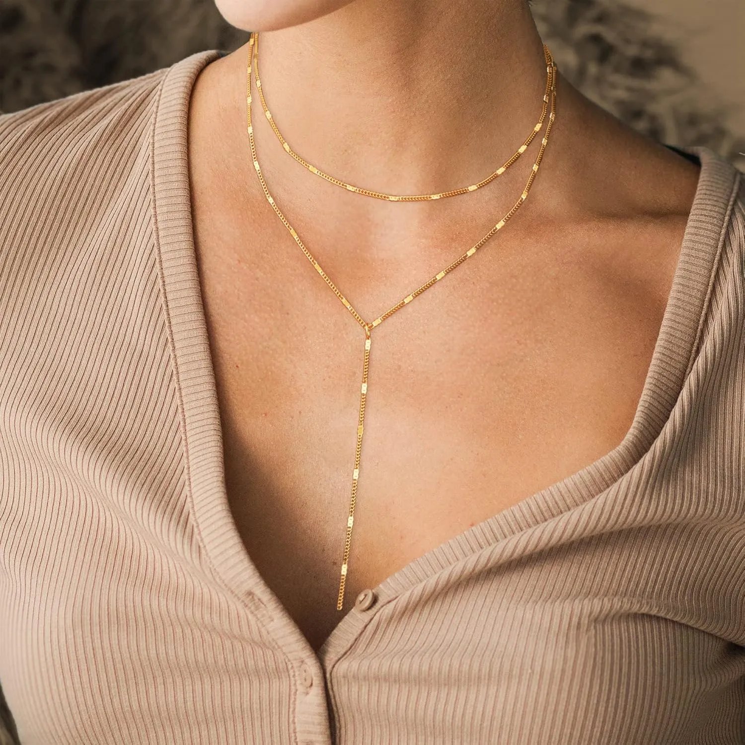 Foxgirl Lariat Gold Necklace for Women, Dainty Long Necklace 14k Gold Plated/Silver Y-Shaped Pendant Necklace Trendy Layered Cz Beaded Chain Drop Necklaces Simple Gold Jewelry For Women Gift