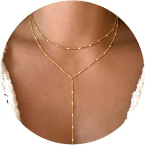 Foxgirl Lariat Gold Necklace for Women, Dainty Long Necklace 14k Gold Plated/Silver Y-Shaped Pendant Necklace Trendy Layered Cz Beaded Chain Drop Necklaces Simple Gold Jewelry For Women Gift