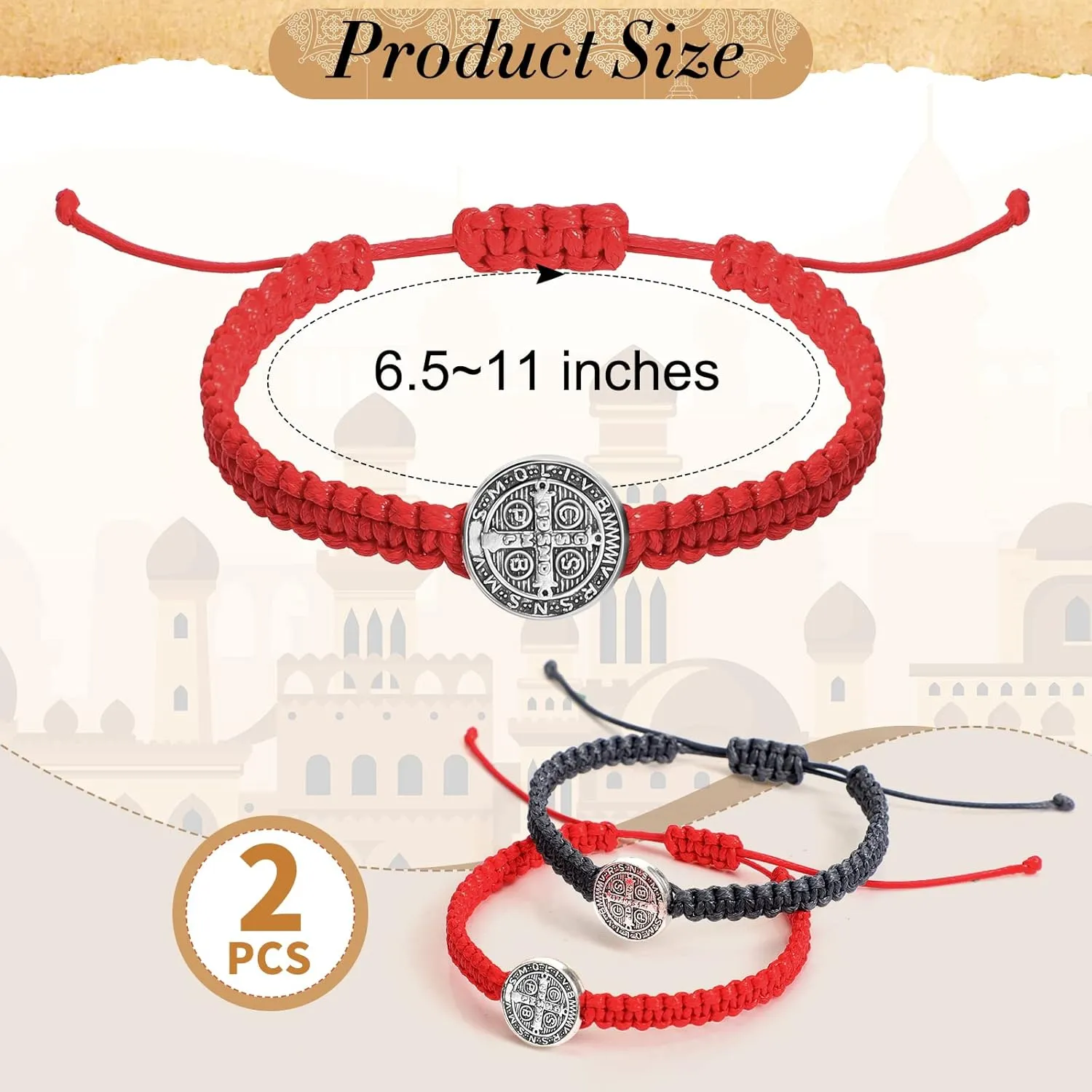 Fumete 2 Pcs Catholic Bracelets Saint Benedict Medal Gifts Adjustable String Bracelets Religious Gifts for Men Women Birthday Holiday