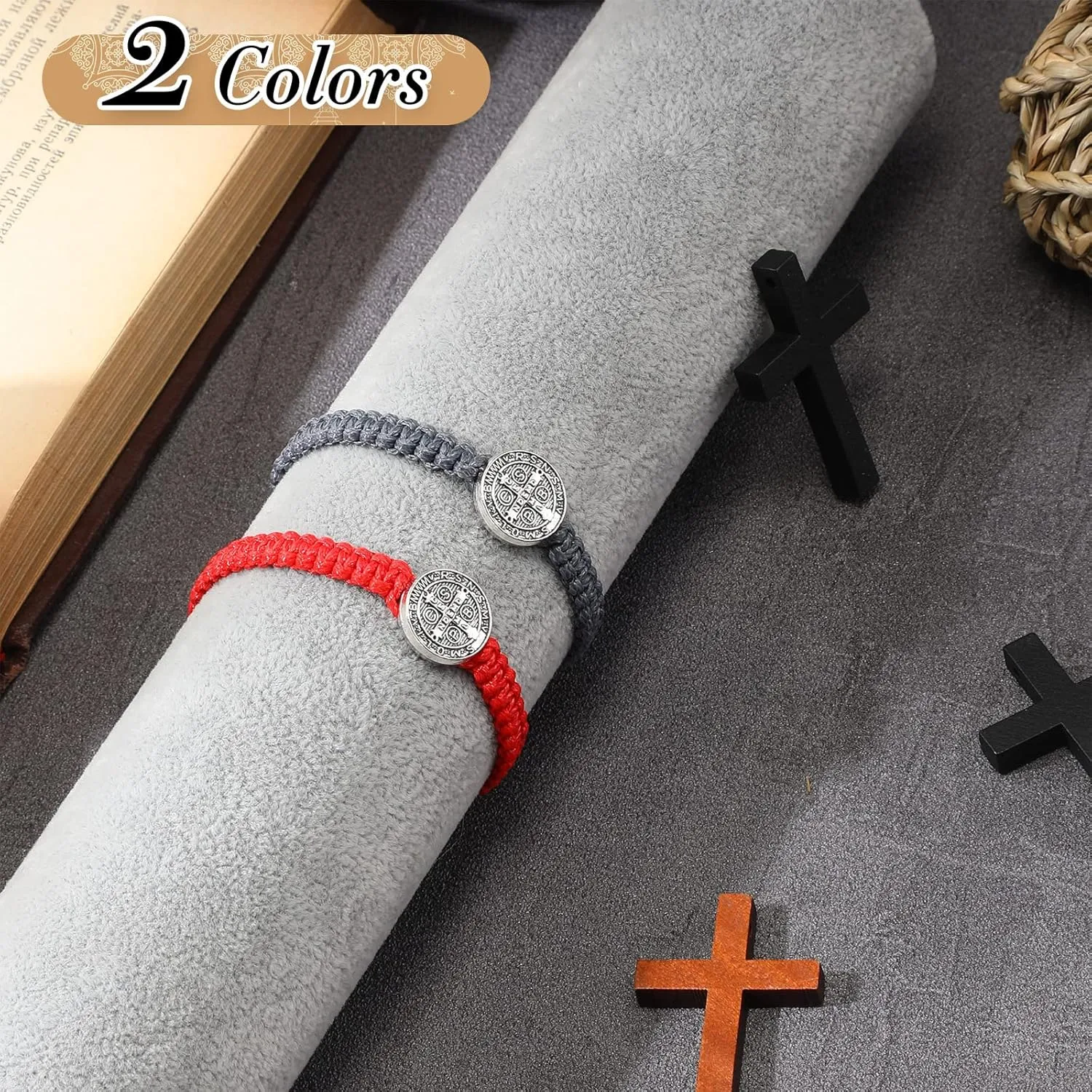 Fumete 2 Pcs Catholic Bracelets Saint Benedict Medal Gifts Adjustable String Bracelets Religious Gifts for Men Women Birthday Holiday