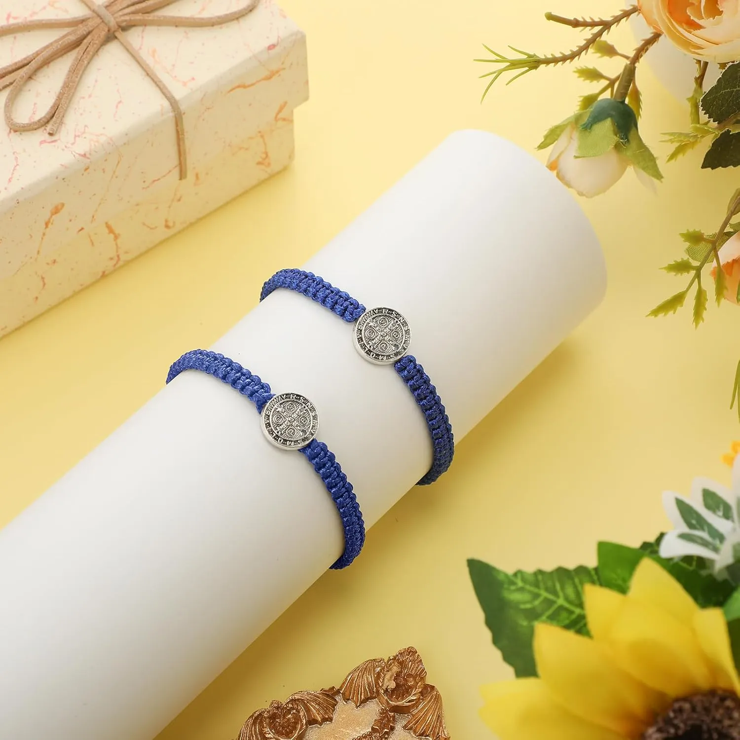 Fumete 2 Pcs Catholic Bracelets Saint Benedict Medal Gifts Adjustable String Bracelets Religious Gifts for Men Women Birthday Holiday