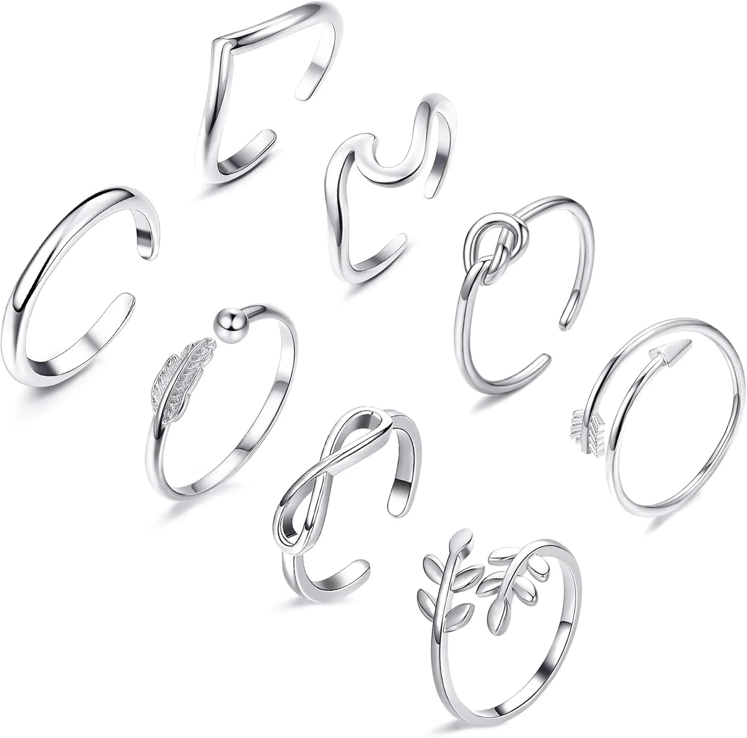 FUNEIA 8PCS Adjustable Rings for Women, Silver Stackable Knuckle Rings for Women, Arrow Knot Wave Open Stacking Dainty Thumb Rings Set