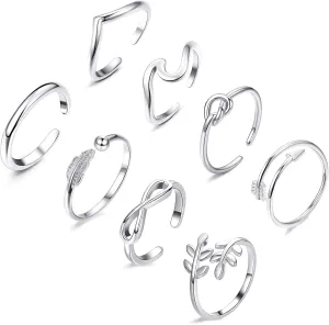 FUNEIA 8PCS Adjustable Rings for Women, Silver Stackable Knuckle Rings for Women, Arrow Knot Wave Open Stacking Dainty Thumb Rings Set