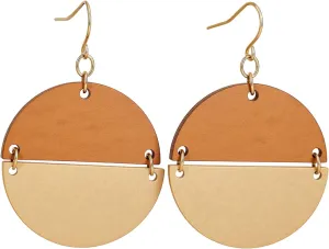 Geometric Gold and Wood Earrings for Women,Boho Retro Natural Wooden Round Disc African Dangle Drop Earring