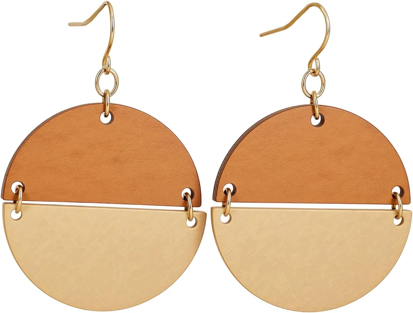 Geometric Gold and Wood Earrings for Women,Boho Retro Natural Wooden Round Disc African Dangle Drop Earring