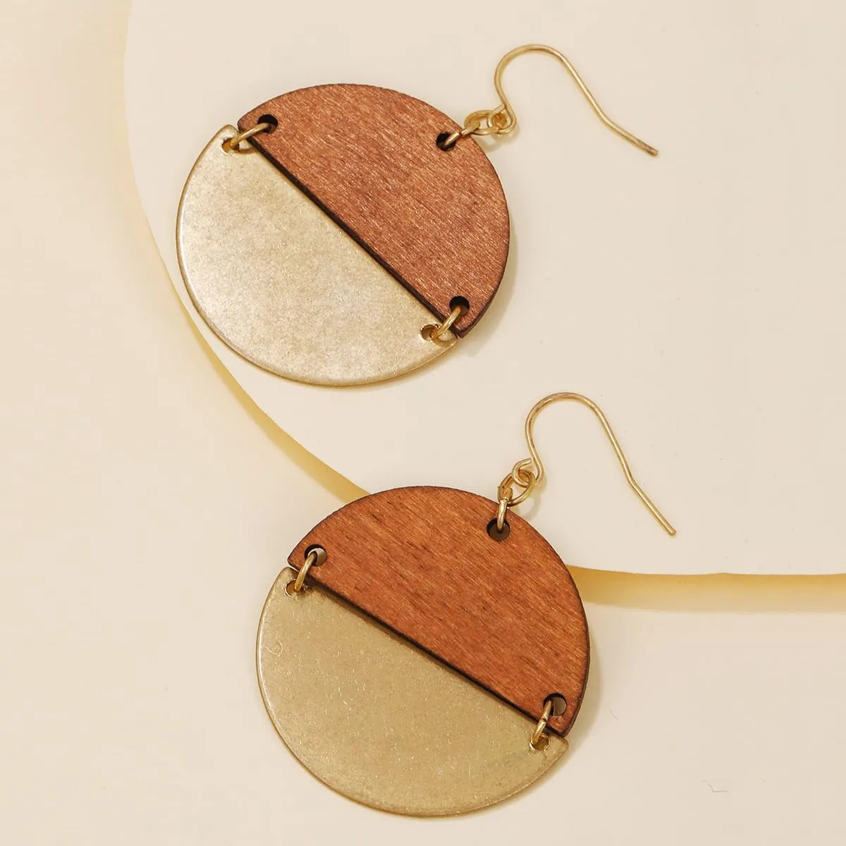 Geometric Gold and Wood Earrings for Women,Boho Retro Natural Wooden Round Disc African Dangle Drop Earring