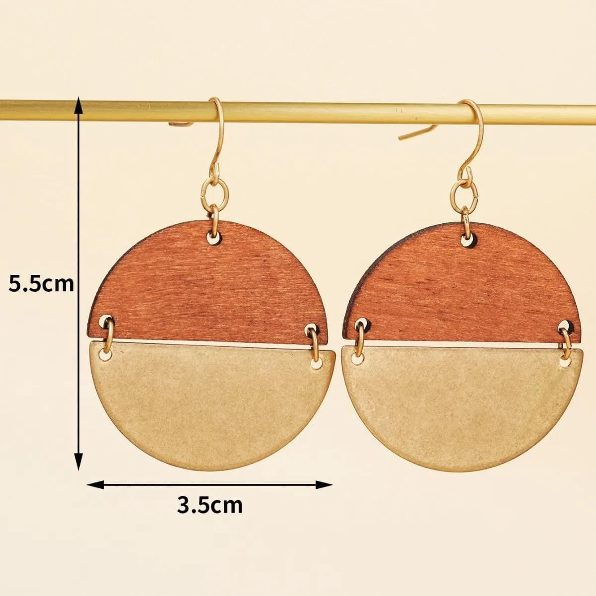 Geometric Gold and Wood Earrings for Women,Boho Retro Natural Wooden Round Disc African Dangle Drop Earring