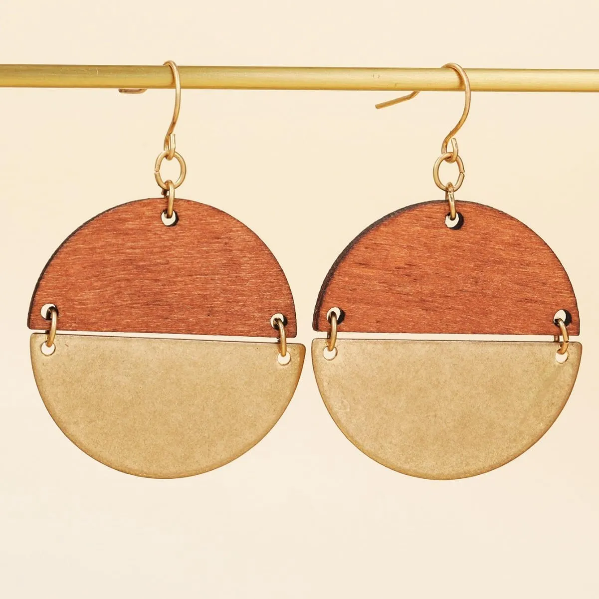 Geometric Gold and Wood Earrings for Women,Boho Retro Natural Wooden Round Disc African Dangle Drop Earring