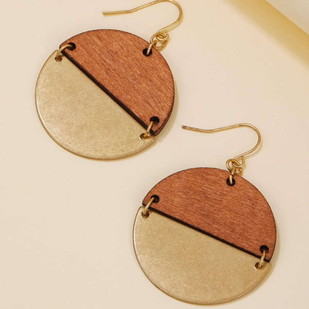 Geometric Gold and Wood Earrings for Women,Boho Retro Natural Wooden Round Disc African Dangle Drop Earring