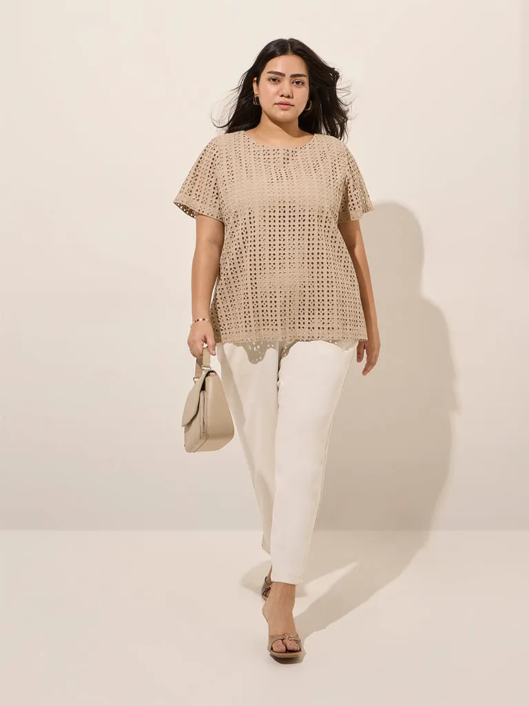 Gia Beige Laser-Cut Detailed Cotton Top