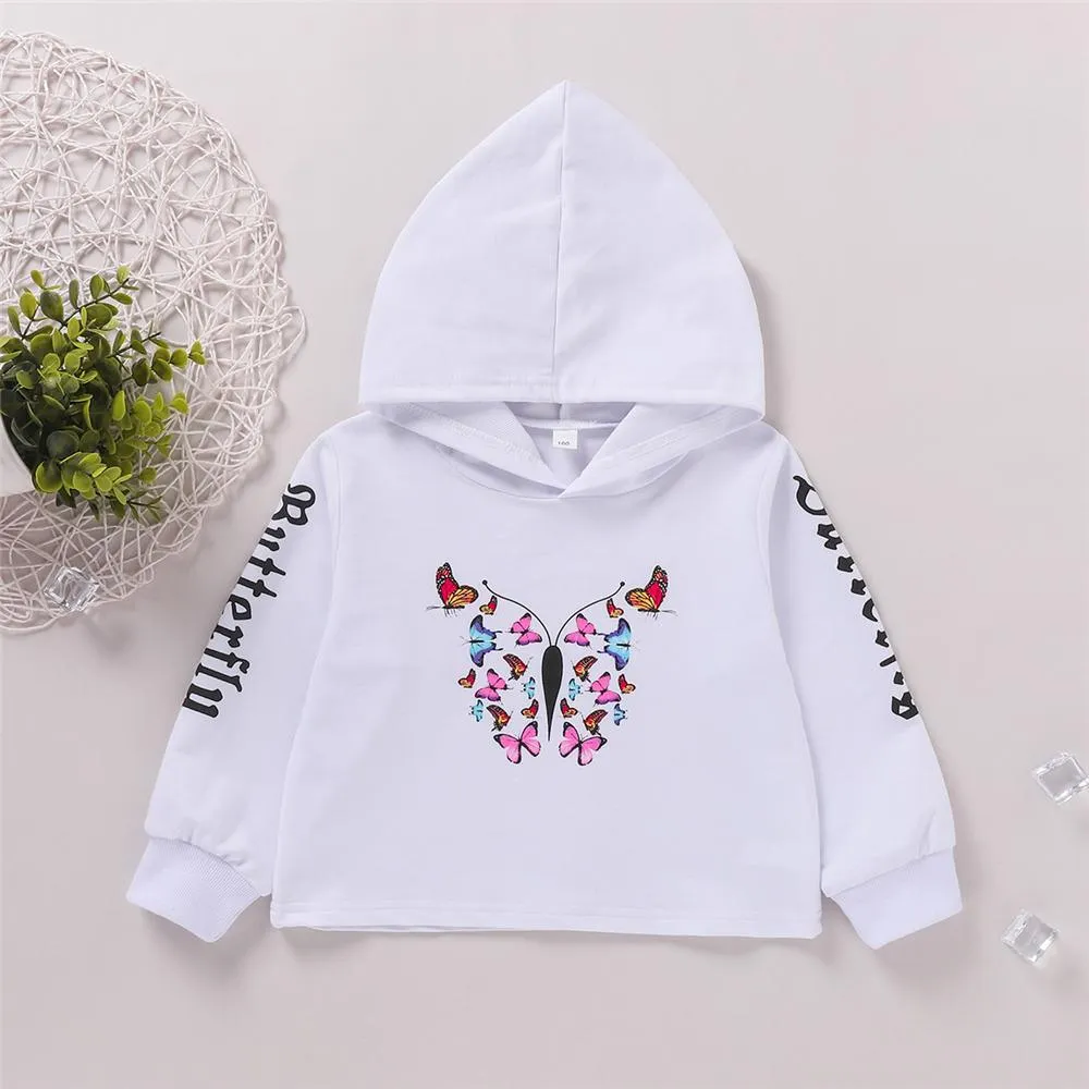 Girls Butterfly Cartoon Printed Long Sleeve Hooded T-Shirts Wholesale Girl Clothing