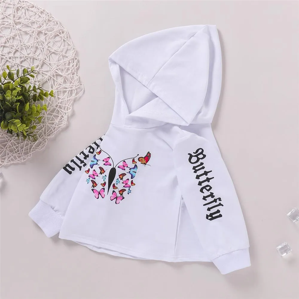 Girls Butterfly Cartoon Printed Long Sleeve Hooded T-Shirts Wholesale Girl Clothing
