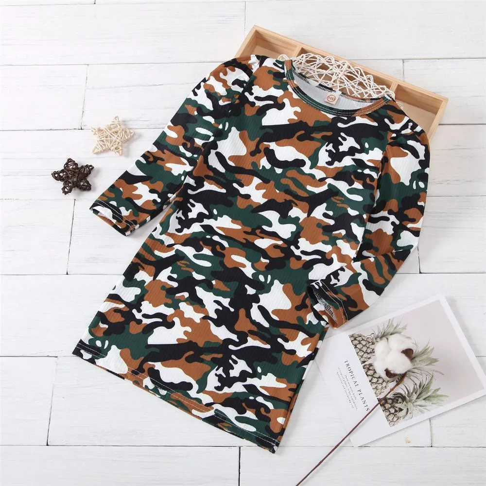 Girls Camo Crew Neck Daily Long T-shirts Wholesale Little Girls Clothes