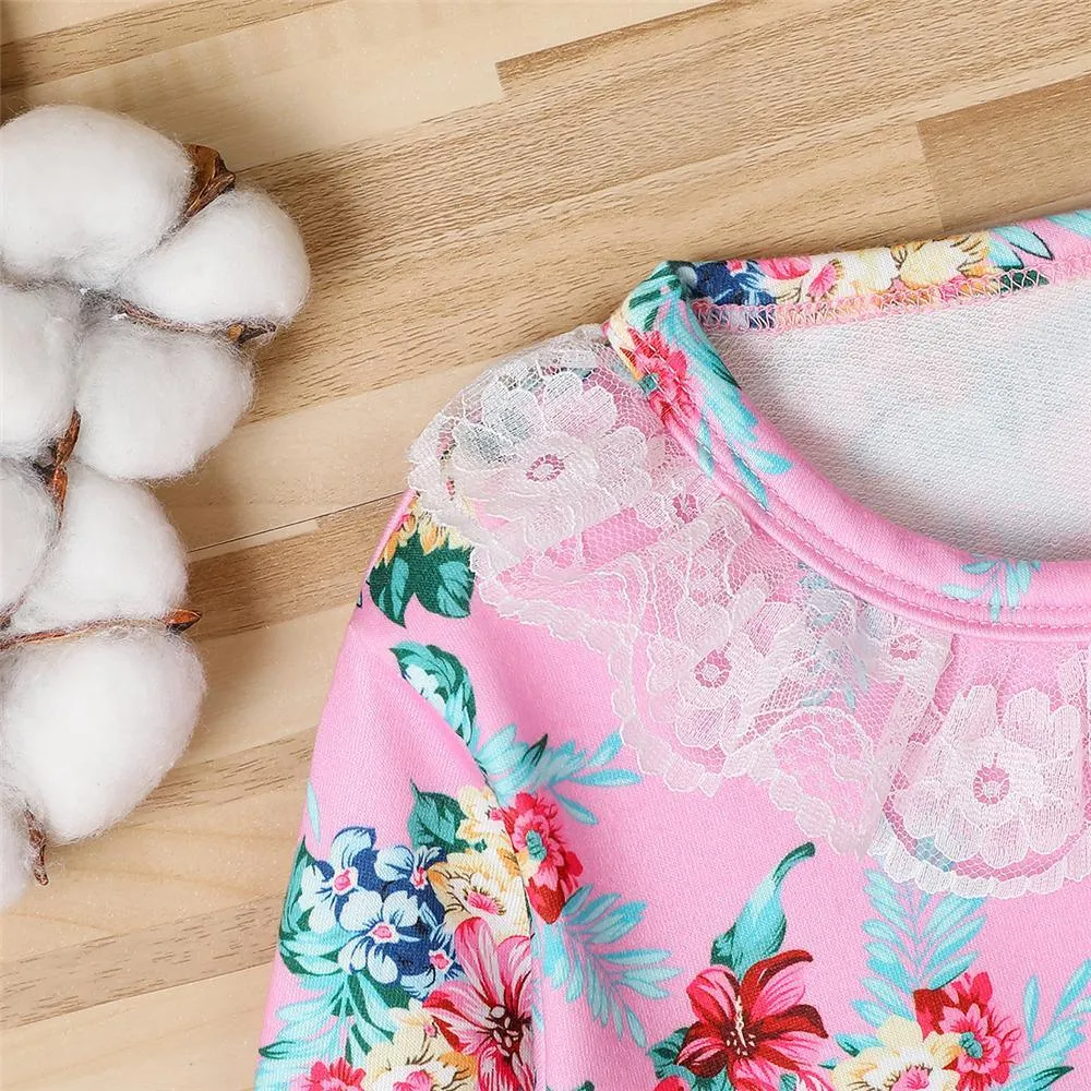 Girls Floral Printed Long Sleeve Lace Collar T-Shirts Bulk Childrens Clothes