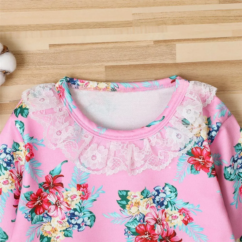 Girls Floral Printed Long Sleeve Lace Collar T-Shirts Bulk Childrens Clothes