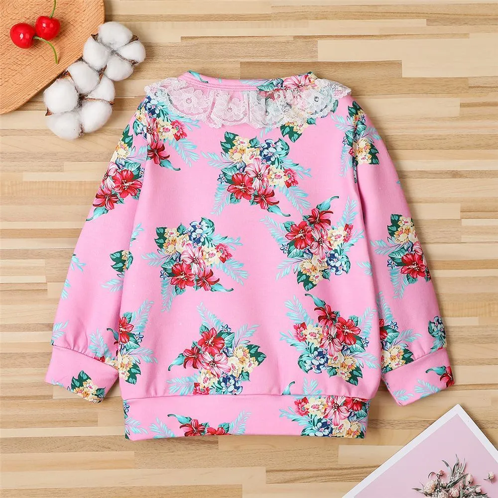 Girls Floral Printed Long Sleeve Lace Collar T-Shirts Bulk Childrens Clothes