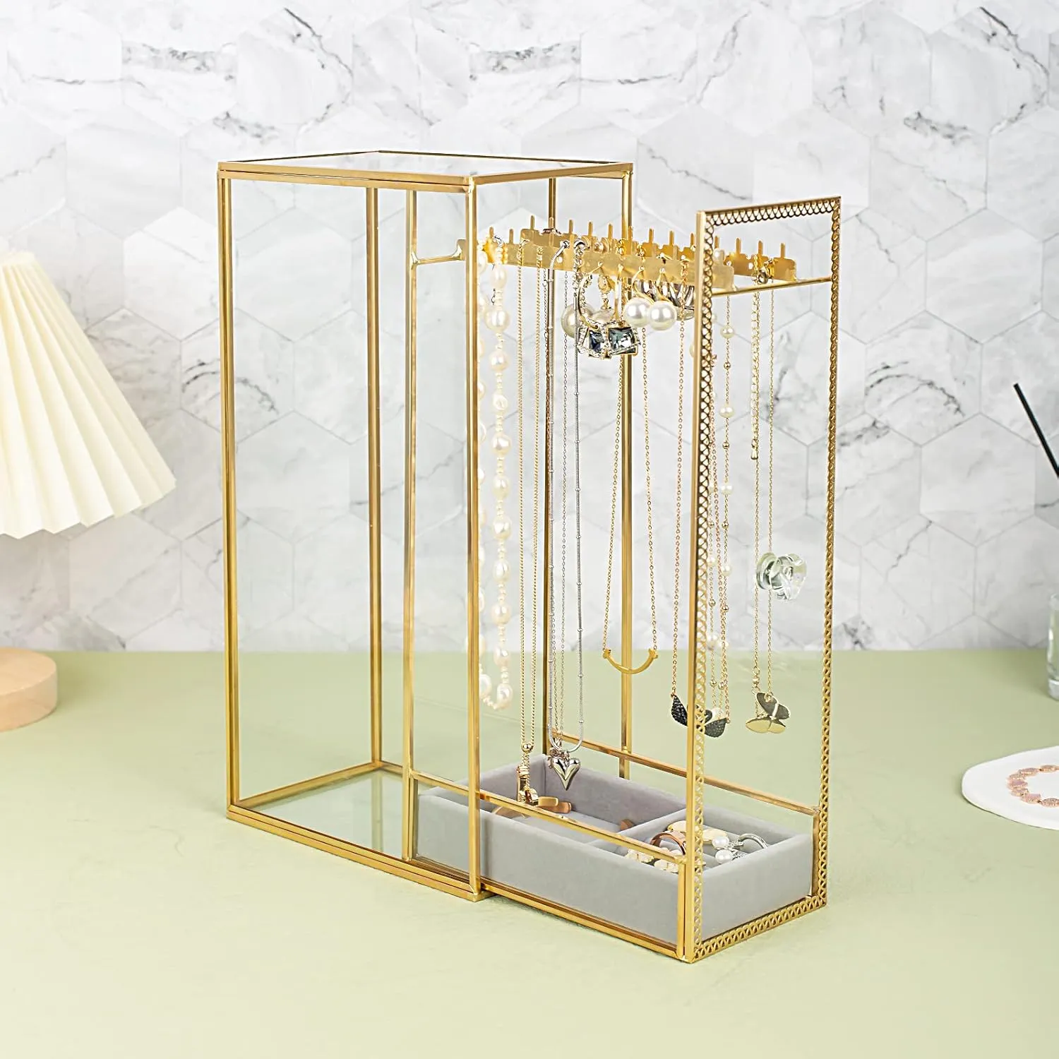 Glass Necklace Organizer Holder, Jewelry Organizer Necklace Holder with Hanging Hooks, Glass Necklaces Display Case for Storage Rings Earrings
