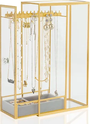 Glass Necklace Organizer Holder, Jewelry Organizer Necklace Holder with Hanging Hooks, Glass Necklaces Display Case for Storage Rings Earrings