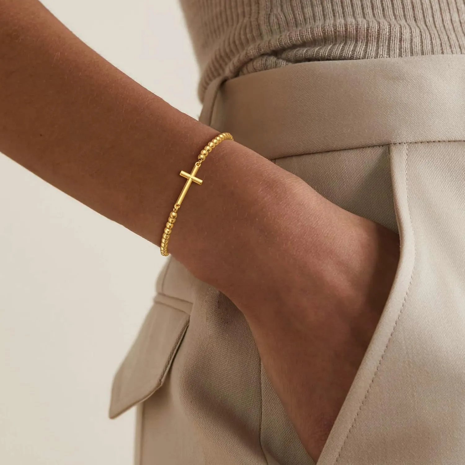 Gold Beaded Bracelets for Women, Dainty 14K Gold Plated Beaded Charm Bracelets for Women Trendy Gold Ball Stretch Bracelets Non Tarnish Fashion Jewelry for Women Cute Gifts Adjustable