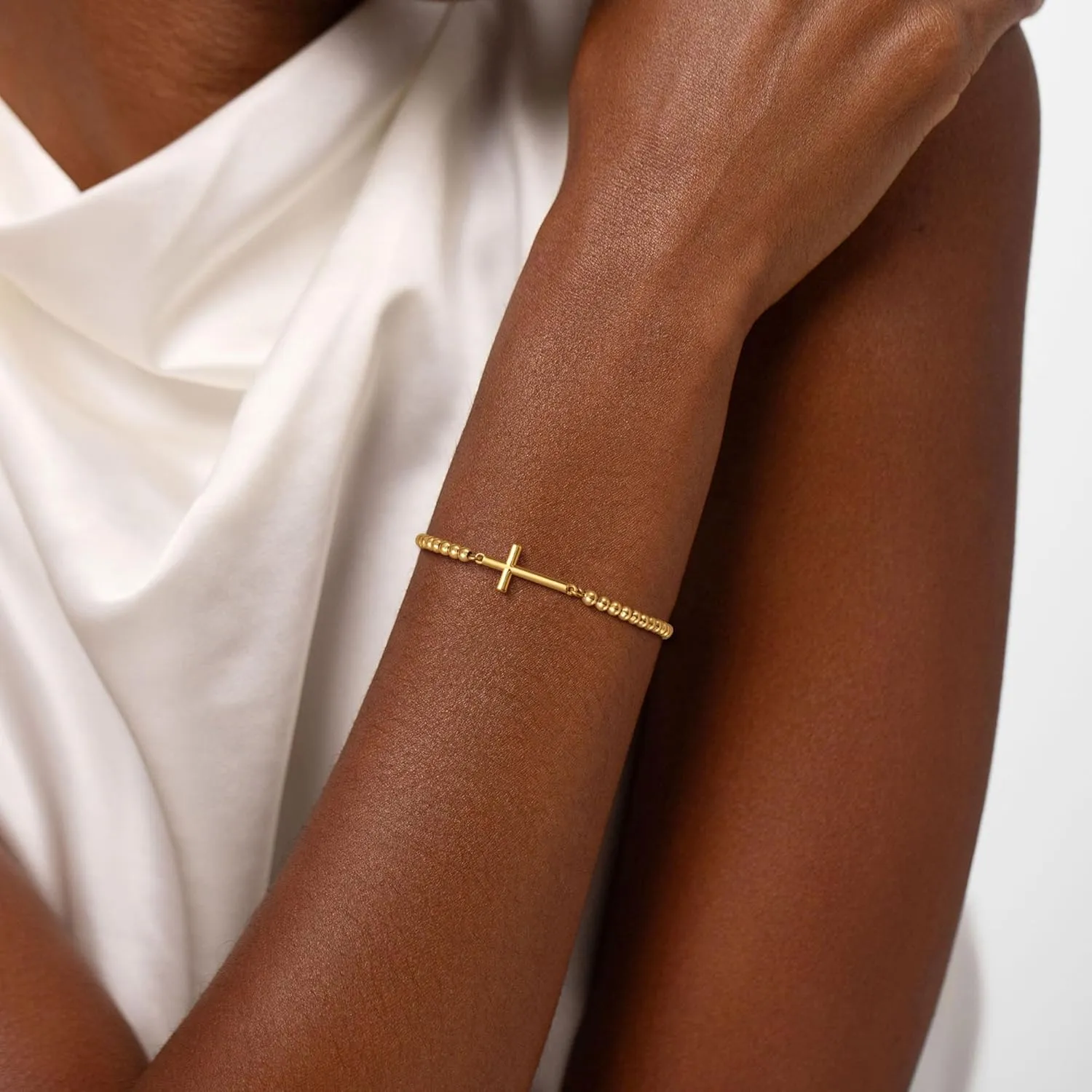 Gold Beaded Bracelets for Women, Dainty 14K Gold Plated Beaded Charm Bracelets for Women Trendy Gold Ball Stretch Bracelets Non Tarnish Fashion Jewelry for Women Cute Gifts Adjustable