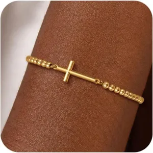 Gold Beaded Bracelets for Women, Dainty 14K Gold Plated Beaded Charm Bracelets for Women Trendy Gold Ball Stretch Bracelets Non Tarnish Fashion Jewelry for Women Cute Gifts Adjustable