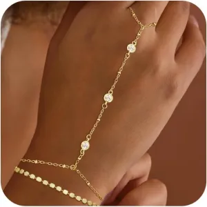Gold Bracelets for Women Trendy, Dainty Gold Hand Chain Bracelets Stackable 14k Gold Plated Finger Ring Bracelet Hand Chain Cz Flower Layered Link Bracelets for Women Non Tarnish Jewelry Gifts