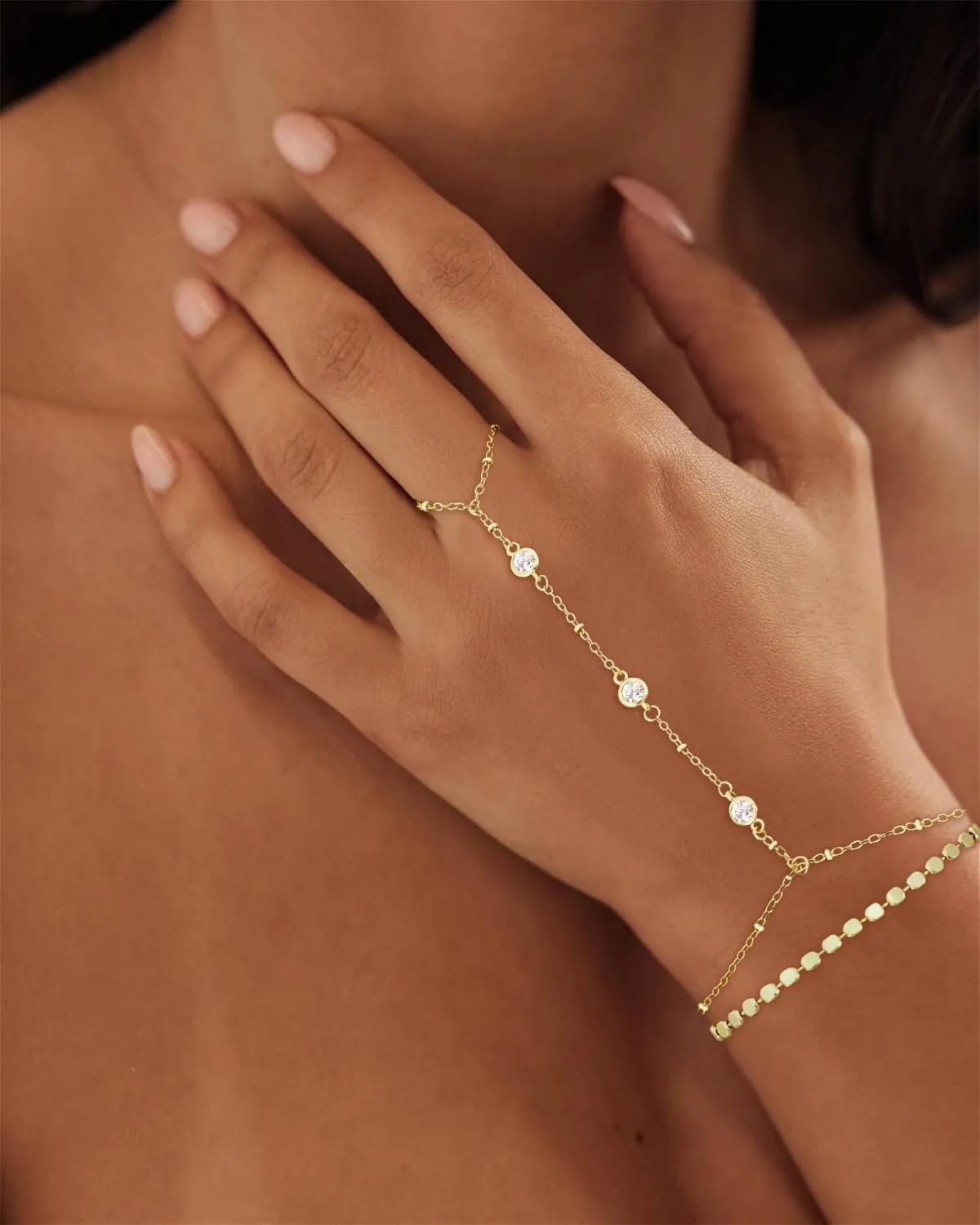 Gold Bracelets for Women Trendy, Dainty Gold Hand Chain Bracelets Stackable 14k Gold Plated Finger Ring Bracelet Hand Chain Cz Flower Layered Link Bracelets for Women Non Tarnish Jewelry Gifts