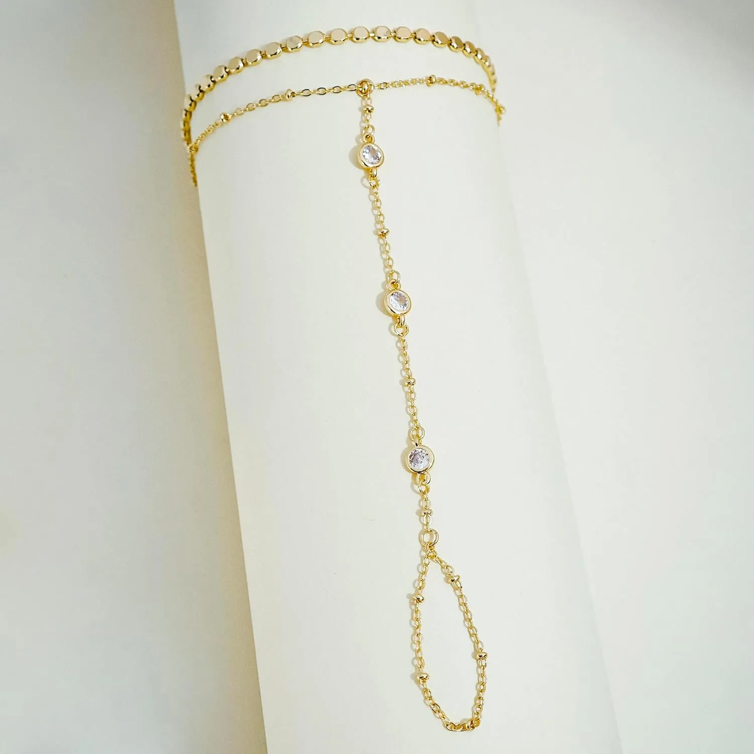 Gold Bracelets for Women Trendy, Dainty Gold Hand Chain Bracelets Stackable 14k Gold Plated Finger Ring Bracelet Hand Chain Cz Flower Layered Link Bracelets for Women Non Tarnish Jewelry Gifts