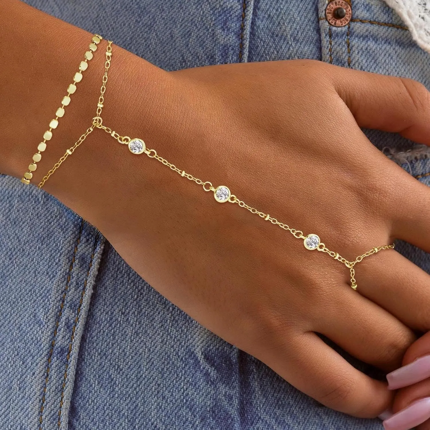 Gold Bracelets for Women Trendy, Dainty Gold Hand Chain Bracelets Stackable 14k Gold Plated Finger Ring Bracelet Hand Chain Cz Flower Layered Link Bracelets for Women Non Tarnish Jewelry Gifts