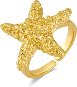 Gold Conch Shell Starfish Rings for Women Adjustable Chunky Open Stackable Seashell Rings Bohemian Statement Rings Summer Ocean Punk Jewelry