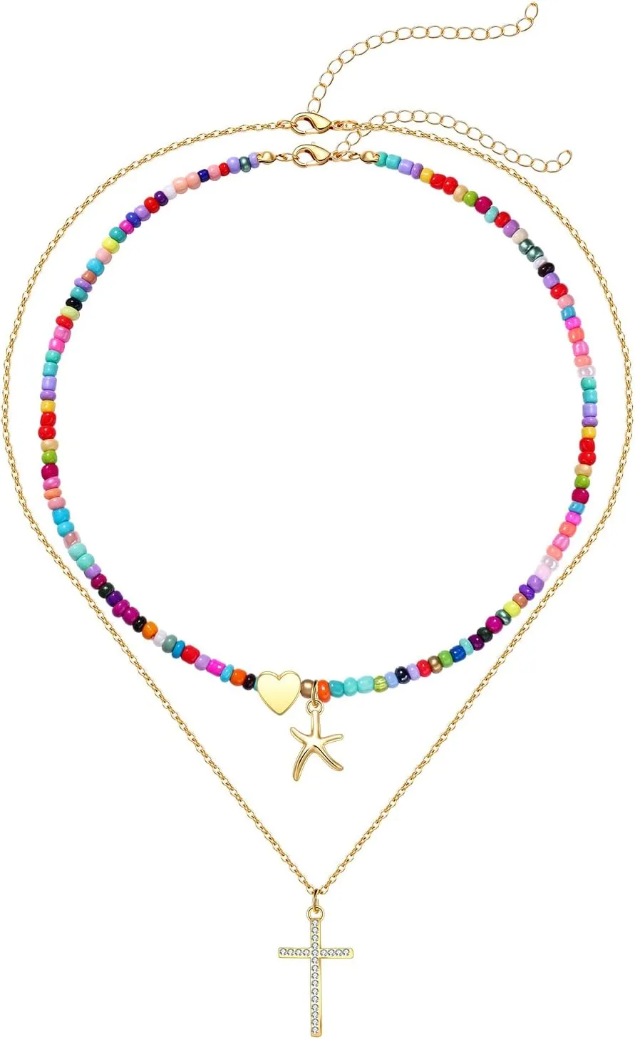 Gold Cross Necklace for Women Pearl Beaded Choker Necklace Boho Beach Colorful Glass Bead Starfish Charm Chokers Trendy Y2K Layered Necklace Jewelry