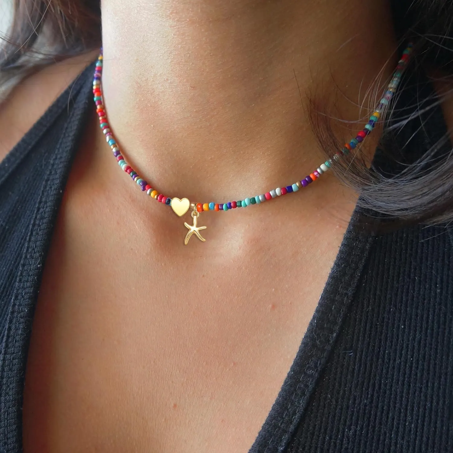 Gold Cross Necklace for Women Pearl Beaded Choker Necklace Boho Beach Colorful Glass Bead Starfish Charm Chokers Trendy Y2K Layered Necklace Jewelry