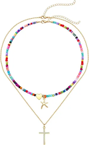 Gold Cross Necklace for Women Pearl Beaded Choker Necklace Boho Beach Colorful Glass Bead Starfish Charm Chokers Trendy Y2K Layered Necklace Jewelry