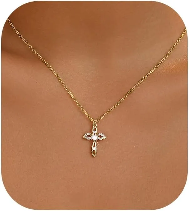 Gold Cross Necklaces for Women Trendy,Dainty Gold Necklace 14K Gold Plated Cross Pendant Necklace With Zircon Small Cute Gold Necklace Simple Cross Necklaces Charm Gold Jewelry for Women