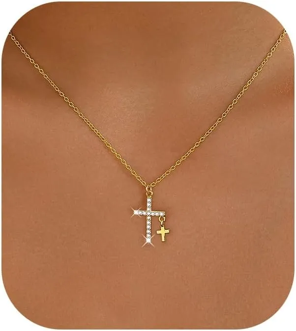 Gold Cross Necklaces for Women Trendy,Dainty Gold Necklace 14K Gold Plated Cross Pendant Necklace With Zircon Small Cute Gold Necklace Simple Cross Necklaces Charm Gold Jewelry for Women
