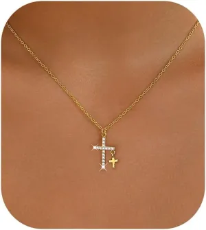 Gold Cross Necklaces for Women Trendy,Dainty Gold Necklace 14K Gold Plated Cross Pendant Necklace With Zircon Small Cute Gold Necklace Simple Cross Necklaces Charm Gold Jewelry for Women