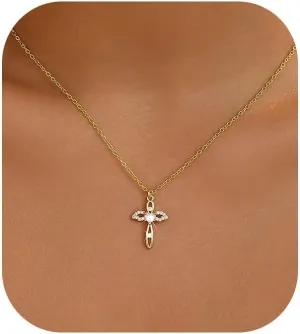 Gold Cross Necklaces for Women Trendy,Dainty Gold Necklace 14K Gold Plated Cross Pendant Necklace With Zircon Small Cute Gold Necklace Simple Cross Necklaces Charm Gold Jewelry for Women