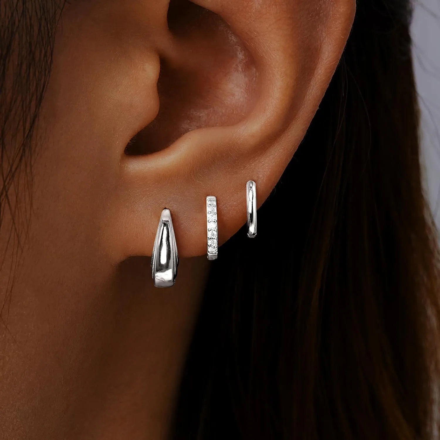 Gold Huggie Hoop Earrings Set for Women, Dainty Small Sterling Silver Earring for Multiple Piercing Hypoallergenic Jewelry, Trendy Twisted CZ Cartilage Earings for Women's Mother Gifts 3Pairs